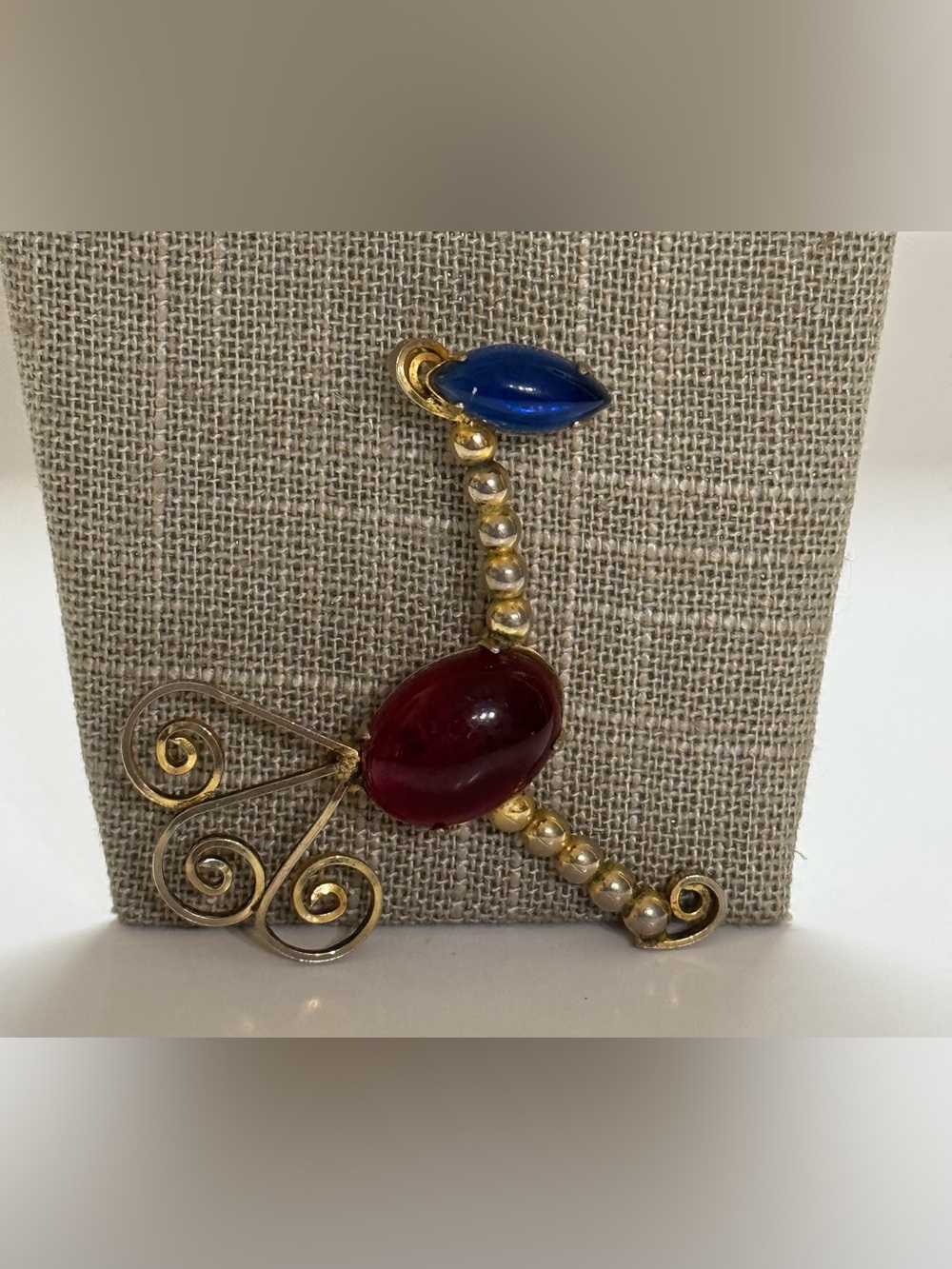 Vintage Jelly Belly Bird Gold Tone Brooch with Red and Blue Cabochons